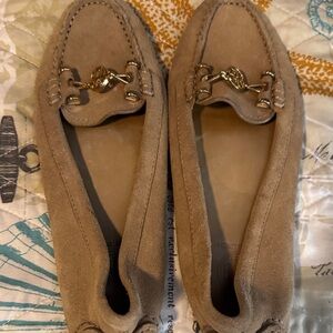 Tory Burch Taupe Suede Loafers with Gold Hardware